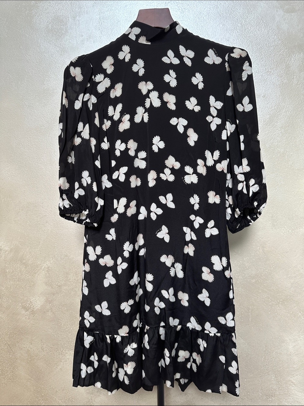 The Kooples Naive Flowers Mock Neck Ruffle Flounce Silk Dress NWT Size 0